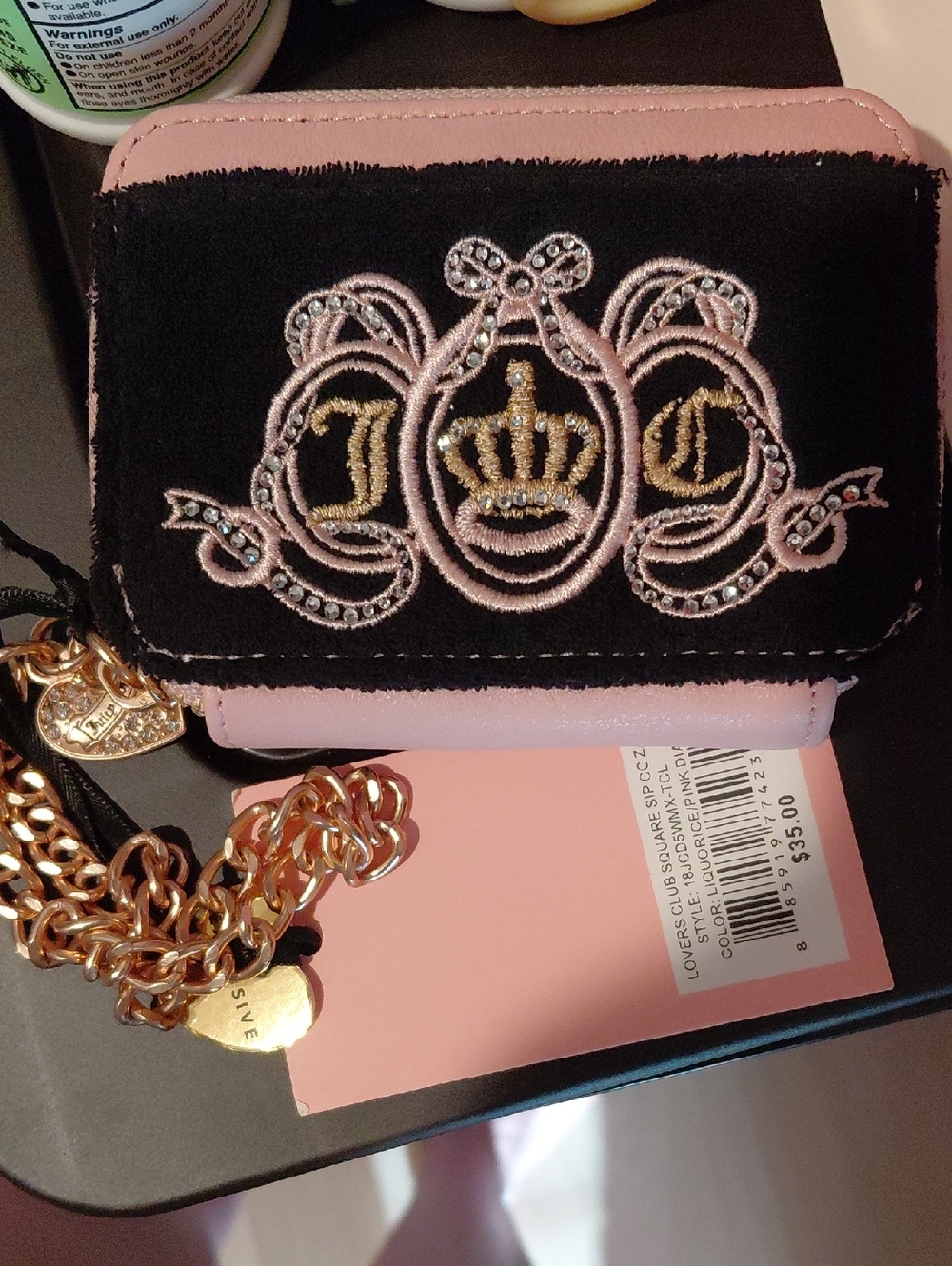 Juicy Couture Pink and Black Embroidered Crest Wallet with Gold Chain